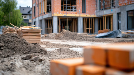 Close-up of a construction site with various materials such as wood, bricks, and concrete stacked near an unfinished buildingの素材