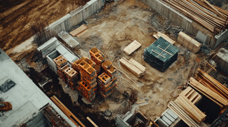 Close-up of a construction site with various materials such as wood, bricks, and concrete stacked near an unfinished buildingの素材