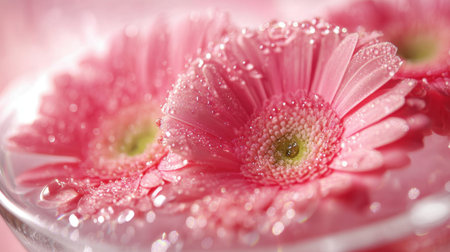 Close-up shot of dew-covered flower bouquet in a glass bowl on a clean pink backgroundの素材