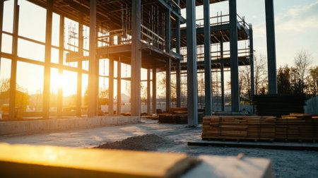 A building under construction with piles of raw materials such as bricks, timber, and steel at the siteの素材