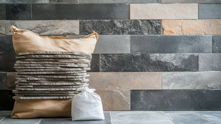 A neat stack of dry stone tiles placed beside a fresh cement bag on the floorの素材