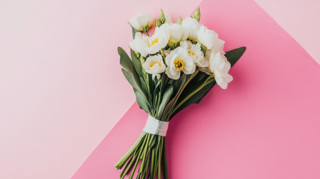 Clean and minimal bouquet styling for wedding inspiration on a pink paper backdropの素材