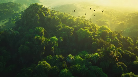 Aerial view of a tropical jungle with dense treetops and vibrant shades of greenの素材