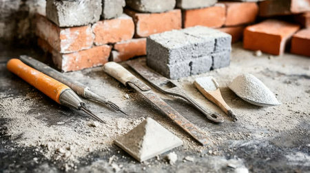 Assortment of masonry tools laid out on a dusty surface with bricks in the backgroundの素材