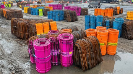 Brightly colored safety barriers placed around large bundles of rebar on a construction siteの素材
