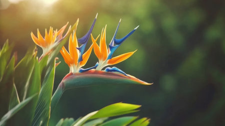 Close-up of bird of paradise plant with its vivid orange and blue flowers standing out against green leavesの素材