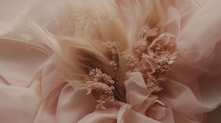 Close-up top-down view of bouquet wrapped in pink paper with coordinating tonesの素材