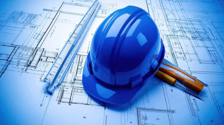 Close-up of blueprint plans, a hard hat, and measuring tools on a concrete slab at a job siteの素材