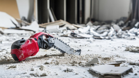 Compact reciprocating saw lying beside cut drywall and debrisの素材