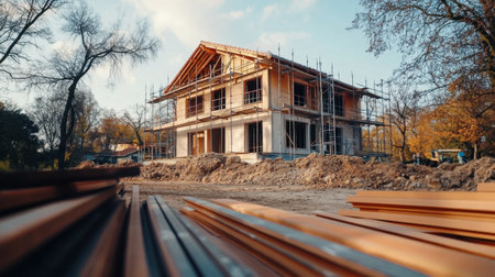 Construction equipment and materials like steel beams and scaffolding piled on-site near a building under constructionの素材