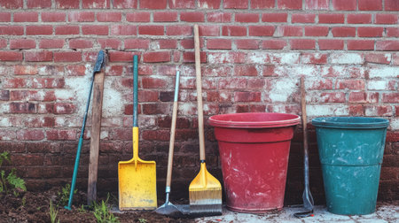 Construction workers tools and equipment left on-site near a partially constructed buildingの素材