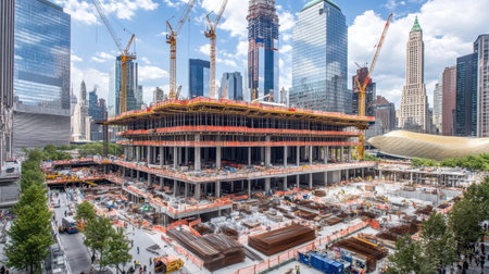 Construction site of a skyscraper under construction, showing multiple floors with cranes working aboveの素材