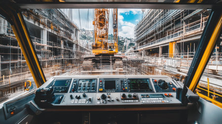Crane operator's cabin with control panel visible, overlooking a construction siteの素材