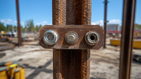 Detailed view of structural steel connections and bolts at a commercial construction siteの素材