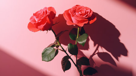 Dramatic shadow of a flower bouquet cast on a pink background, with bouquet placed slightly off-centerの素材