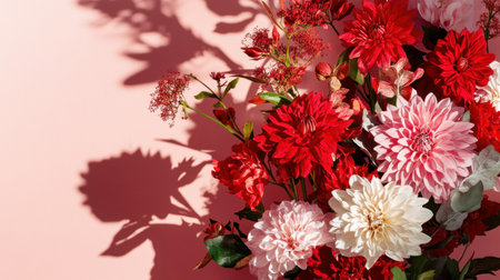 Diagonal view of bouquet shadow play on a pink wall with detailed floral arrangement in the foregroundの素材