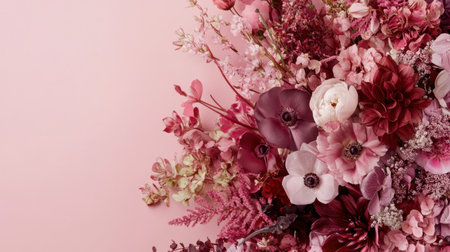 Dramatic bouquet with contrasting pink and deep purple flowers isolated on a clean pink backgroundの素材