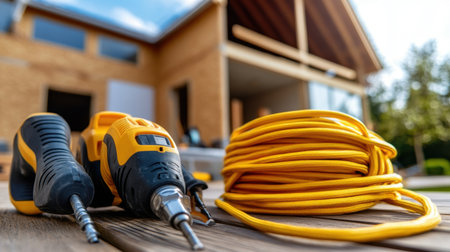 Extension cord reel with multiple power tools plugged in at an active construction siteの素材
