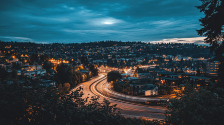 Evening shot of lights illuminating an in-progress highway tunnel under a cityの素材
