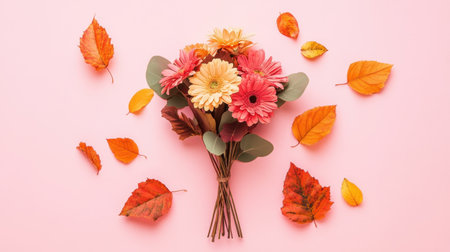 Flat lay of bouquet and scattered leaves arranged as a styled composition on pastel pink paperの素材