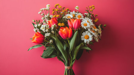Flat lay of vibrant spring flower bouquet with tulips, daisies, and greenery against a minimalist pink backdropの素材