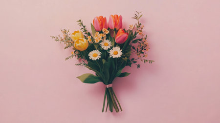 Flat lay of vibrant spring flower bouquet with tulips, daisies, and greenery against a minimalist pink backdropの素材