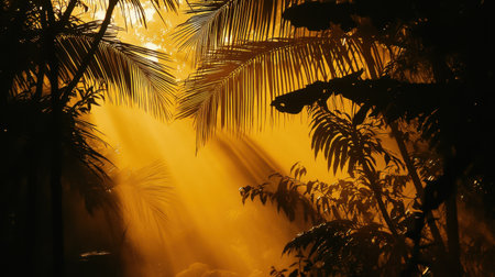 Golden light illuminating tropical trees and plants from behind, creating a warm backlit effectの素材
