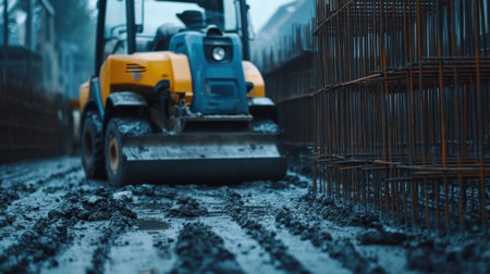 Industrial construction site with soil compactor parked beside rebar cagesの素材