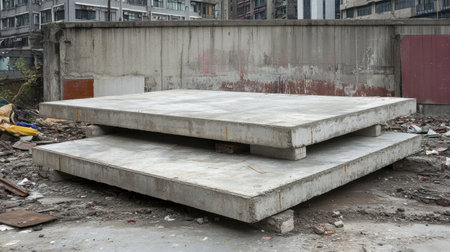 Large concrete slabs stacked on top of each other with construction debris surrounding themの素材