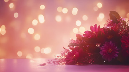 Lush bouquet in jewel tones sitting on a pale pink surface with bokeh lighting in the backgroundの素材