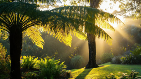 Morning light streaming through hanging ferns in a tranquil tropical oasisの素材