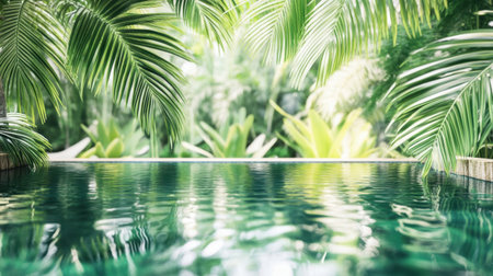 Morning light streaming through hanging ferns in a tranquil tropical oasisの素材