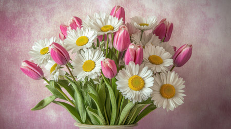 Mini bouquet of daisies and tulips arranged neatly on a textured pink backgroundの素材