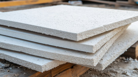 Pile of insulation foam boards on a worksite with a sharp blade for cutting visible nearbyの素材