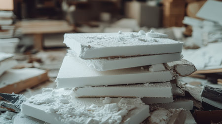 Pile of insulation foam boards on a worksite with a sharp blade for cutting visible nearbyの素材