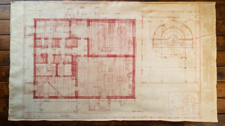 Printed blueprint plans under transparent drafting overlays with additional sketchesの素材