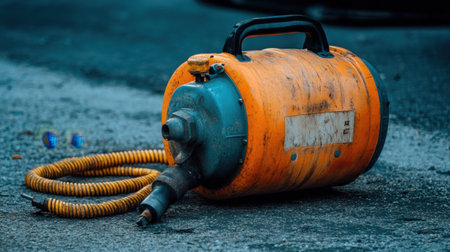 Pneumatic hose coiled beside air compressor and tools used for nailingの素材
