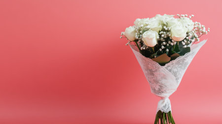 Petite floral bouquet wrapped in lace set on a satin pink background with a vintage vibeの素材
