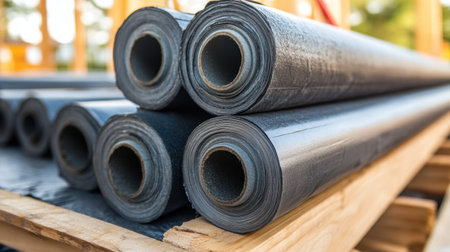 Rolls of heavy-duty tar paper and felt underlayment stacked on a construction site floorの素材