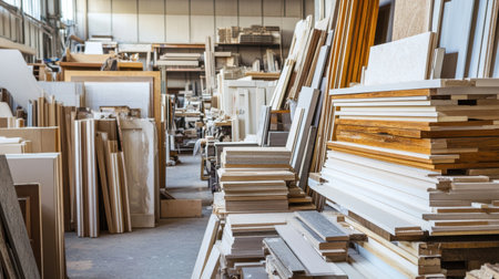 Stack of painted wood paneling materials neatly organized on the floor in a bright workshopの素材