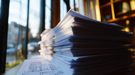 Stack of submitted blueprints stamped with approval and engineering sealsの素材