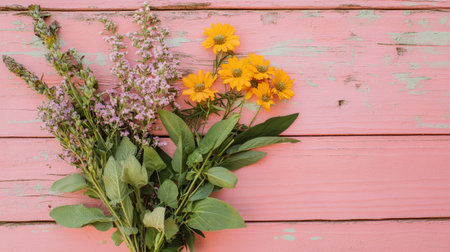 Rustic bouquet of wildflowers and herbs on a faded pink wood plank backgroundの素材