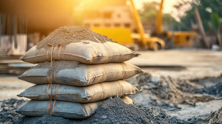 Several bags of concrete mix piled on top of each other with construction tools nearbyの素材