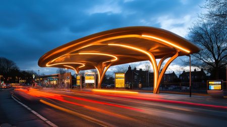 Transit hub with ultra-modern roofline, clean signage, and illuminated pathwaysの素材