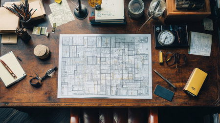 Top-down view of modern architectural blueprints spread across a desk with drawing toolsの素材