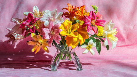 Vibrant bouquet of spring flowers in a clear vase against a pink backdrop with natural shadowsの素材