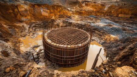 Storm drain inlet with rebar grid and catch basin under constructionの素材