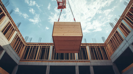 View of a construction crane lifting large wooden beams above the ground on a construction siteの素材