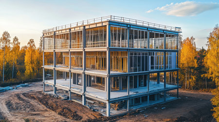 Steel framework of a future commercial building rising above a cleared plot of landの素材