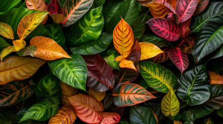 Vibrant tropical foliage composition with different leaf shapes and colors layered in natural harmonyの素材
